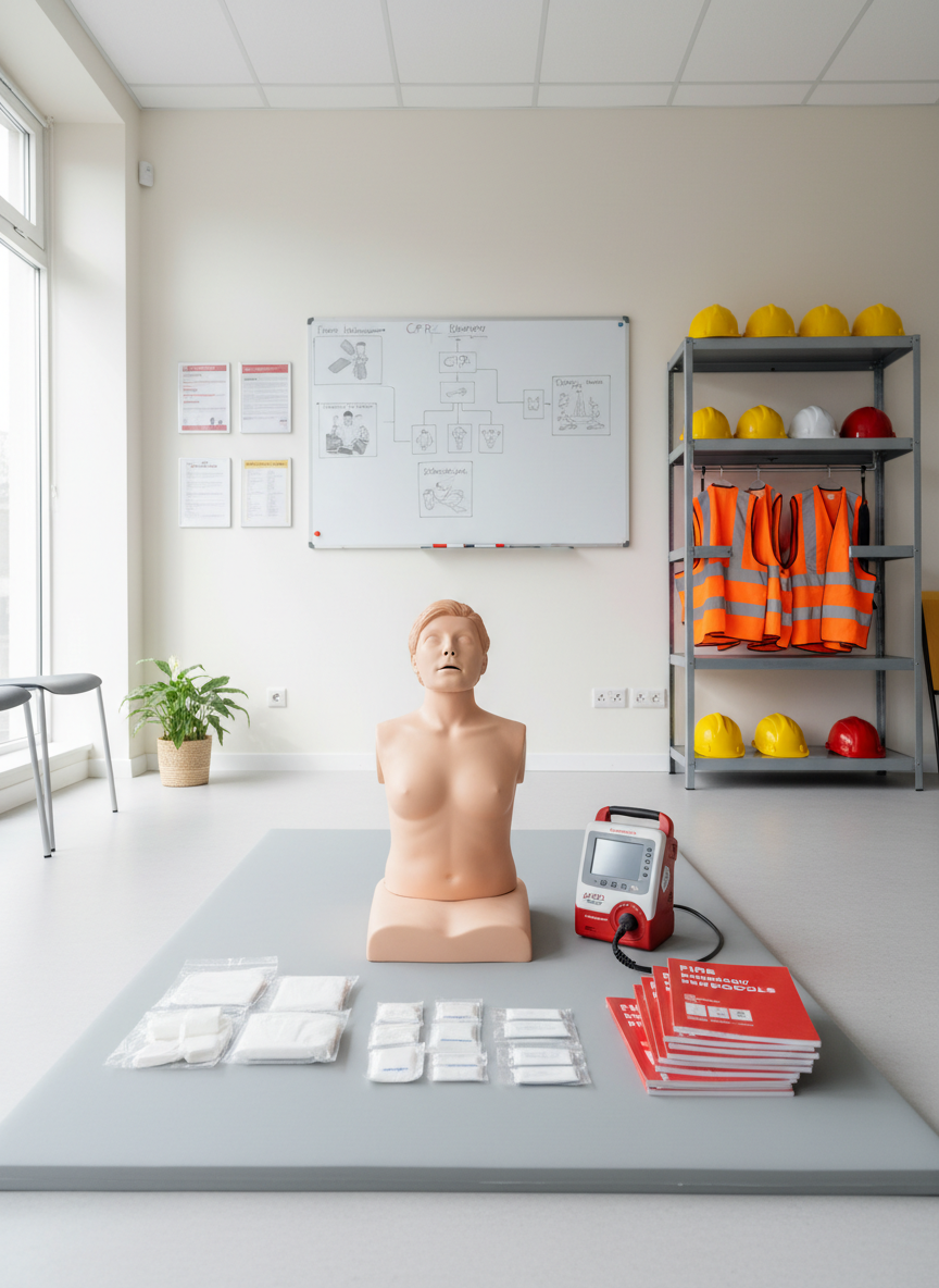 A meticulously organized training room dedicated to workplace safety and first aid, captured in photographic realism. At the center, a high-quality CPR manikin rests on a spotless, light gray mat beside a neatly arranged defibrillator trainer, sterile bandage kits, and labeled fire safety manuals with red and white covers. The space features pale neutral walls, a large wall-mounted whiteboard filled with clear diagrams of emergency procedures, and a sleek metal shelving unit with color-coded safety helmets and vests. Soft, diffused daylight enters from a wide window, creating gentle reflections on laminated instruction sheets. Shot at eye level with a balanced, wide-angle composition, the room appears spacious, professional, and ready for training, with a calm, reassuring atmosphere and subtle background blur to keep focus on the equipment.